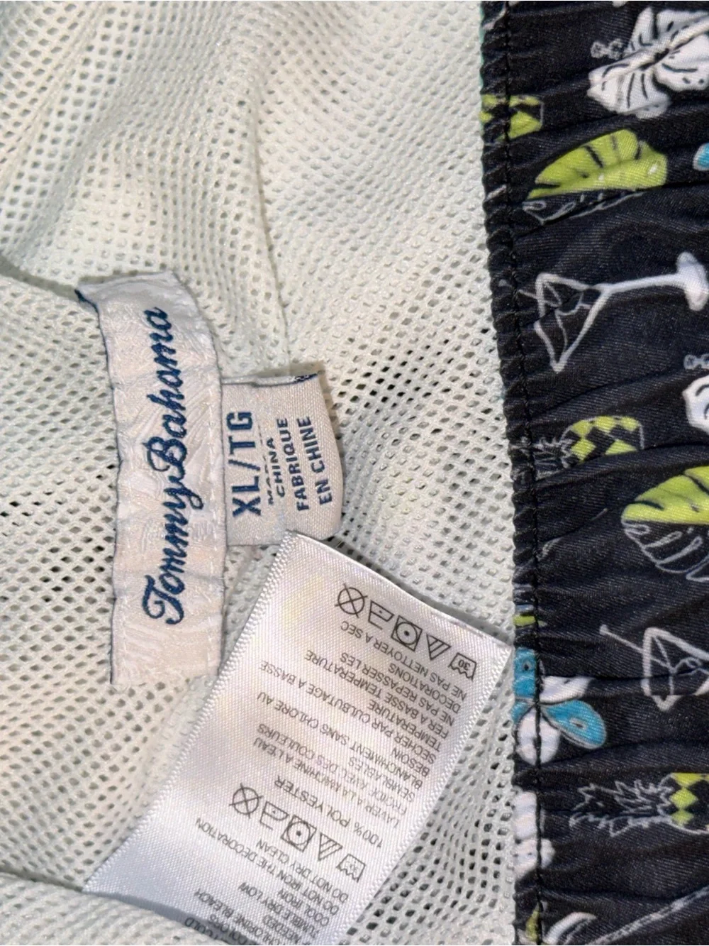 Tommy Bahama Black Swim Trunks with White, Blue and Lime Tropical Print